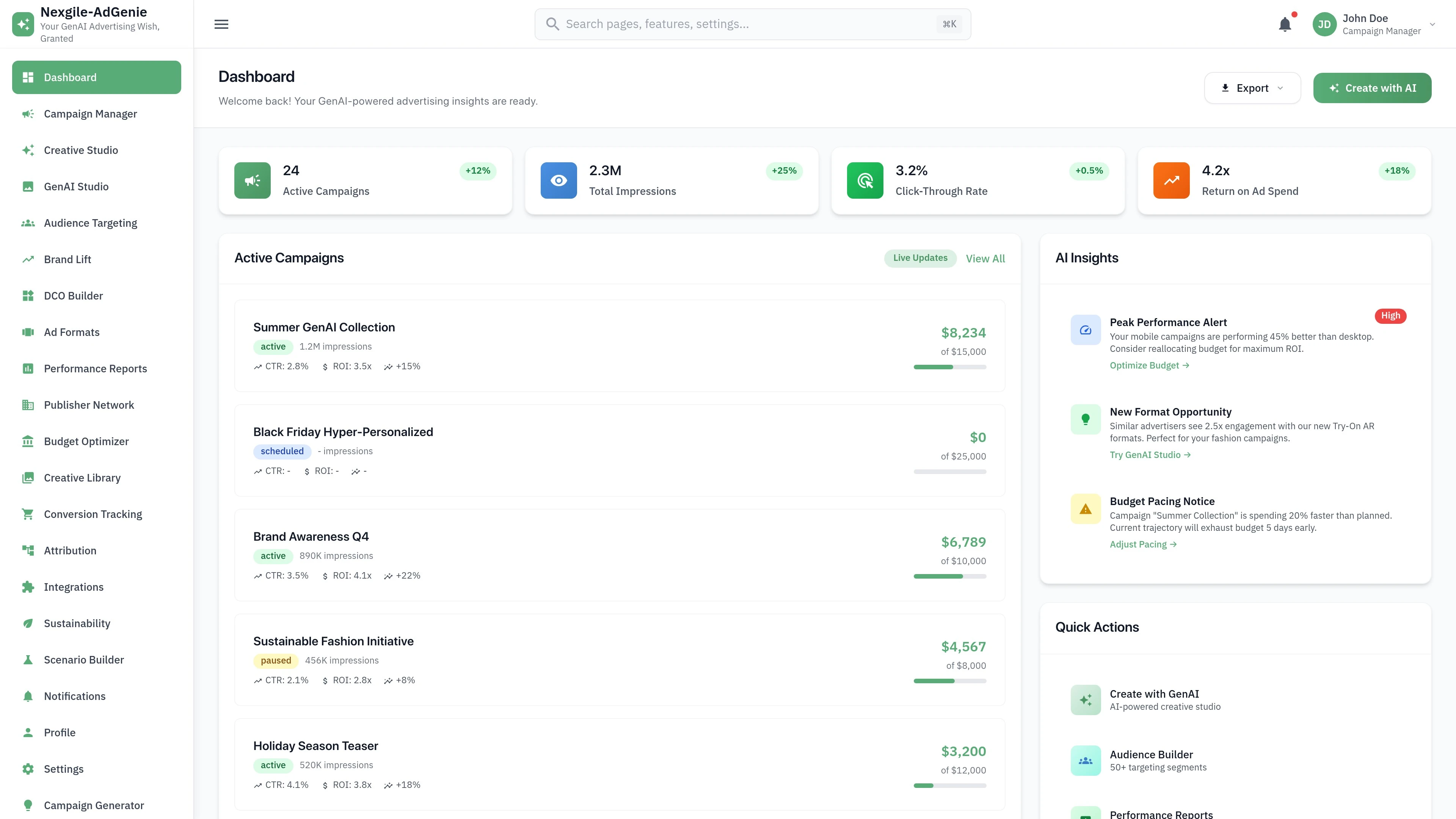 Campaign Manager Dashboard - Overview of the Nexgile-AdGenie Command campaign management interface